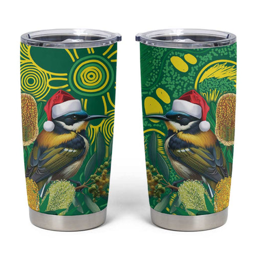 Aussie Honeyeaters Banksia Christmas Tumbler Cup Aboriginal Dots Painting Green Motif - Aussie Hoodie