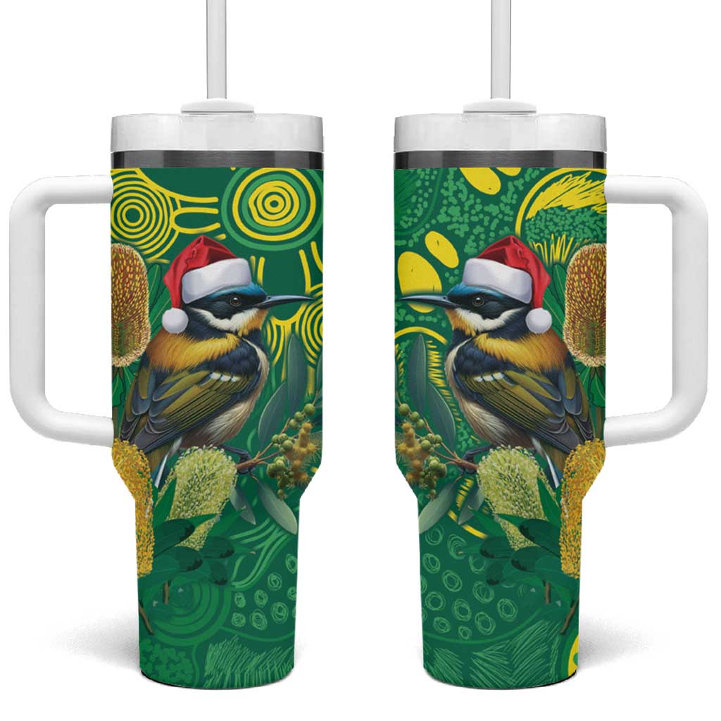 Aussie Honeyeaters Banksia Christmas Tumbler With Handle Aboriginal Dots Painting Green Motif - Aussie Hoodie