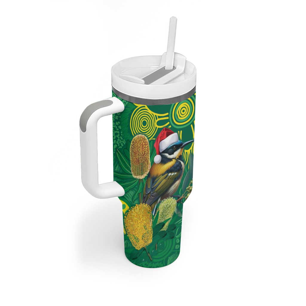 Aussie Honeyeaters Banksia Christmas Tumbler With Handle Aboriginal Dots Painting Green Motif - Aussie Hoodie