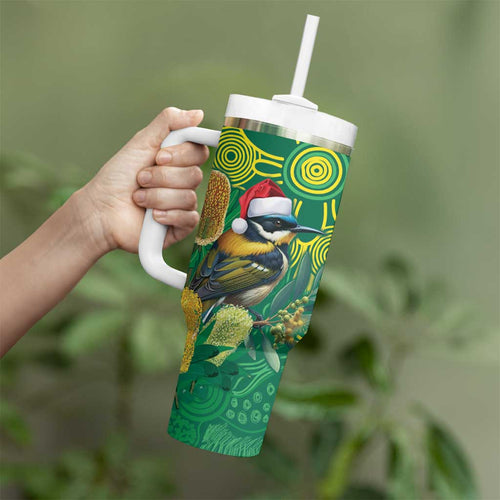 Aussie Honeyeaters Banksia Christmas Tumbler With Handle Aboriginal Dots Painting Green Motif - Aussie Hoodie