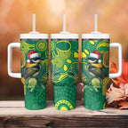 Aussie Honeyeaters Banksia Christmas Tumbler With Handle Aboriginal Dots Painting Green Motif - Aussie Hoodie