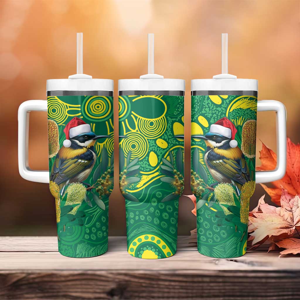Aussie Honeyeaters Banksia Christmas Tumbler With Handle Aboriginal Dots Painting Green Motif - Aussie Hoodie