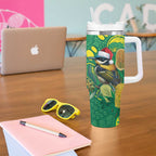 Aussie Honeyeaters Banksia Christmas Tumbler With Handle Aboriginal Dots Painting Green Motif - Aussie Hoodie