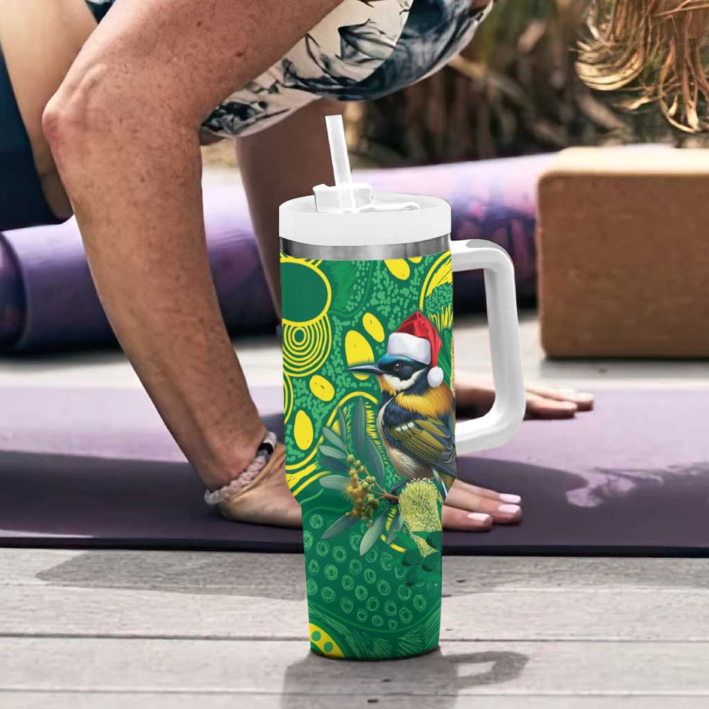 Aussie Honeyeaters Banksia Christmas Tumbler With Handle Aboriginal Dots Painting Green Motif - Aussie Hoodie