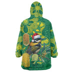 Aussie Honeyeaters Banksia Christmas Wearable Blanket Hoodie Aboriginal Dots Painting Green Motif - Aussie Hoodie