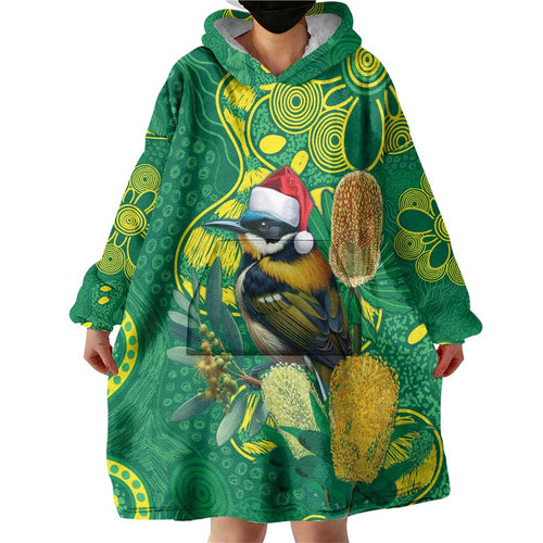 Aussie Honeyeaters Banksia Christmas Wearable Blanket Hoodie Aboriginal Dots Painting Green Motif - Aussie Hoodie