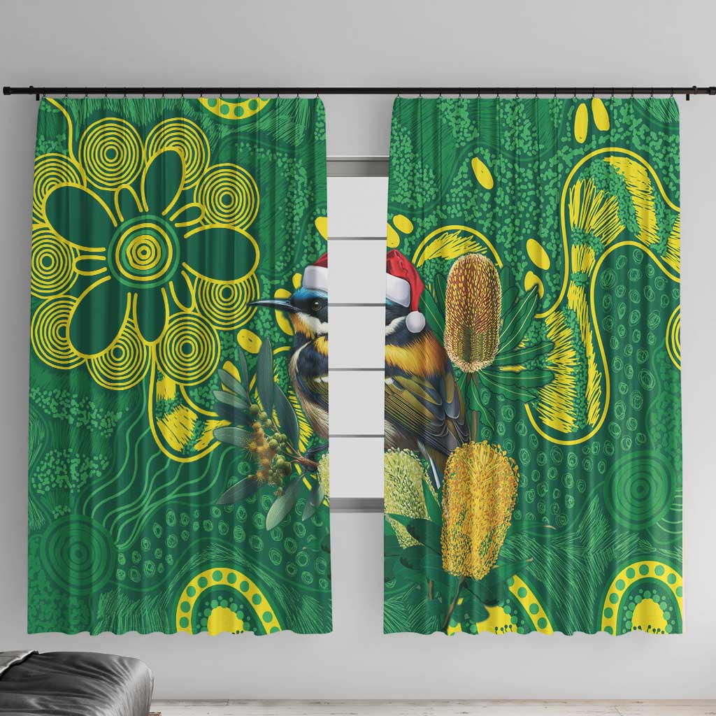 Aussie Honeyeaters Banksia Christmas Window Curtain Aboriginal Dots Painting Green Motif - Aussie Hoodie