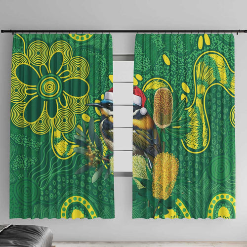 Aussie Honeyeaters Banksia Christmas Window Curtain Aboriginal Dots Painting Green Motif - Aussie Hoodie