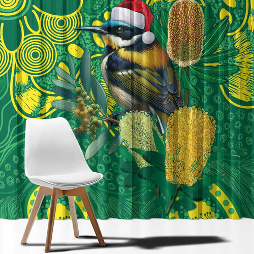 Aussie Honeyeaters Banksia Christmas Window Curtain Aboriginal Dots Painting Green Motif - Aussie Hoodie