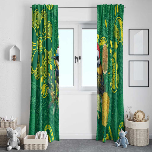 Aussie Honeyeaters Banksia Christmas Window Curtain Aboriginal Dots Painting Green Motif - Aussie Hoodie