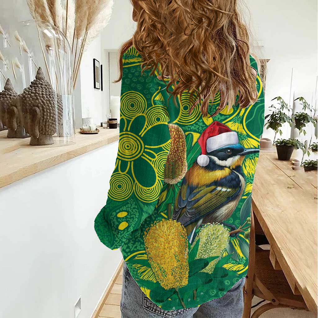 Aussie Honeyeaters Banksia Christmas Women Casual Shirt Aboriginal Dots Painting Green Motif - Aussie Hoodie