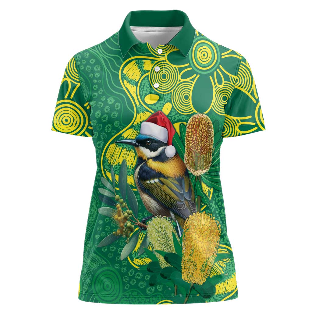 Aussie Honeyeaters Banksia Christmas Women Polo Shirt Aboriginal Dots Painting Green Motif - Aussie Hoodie