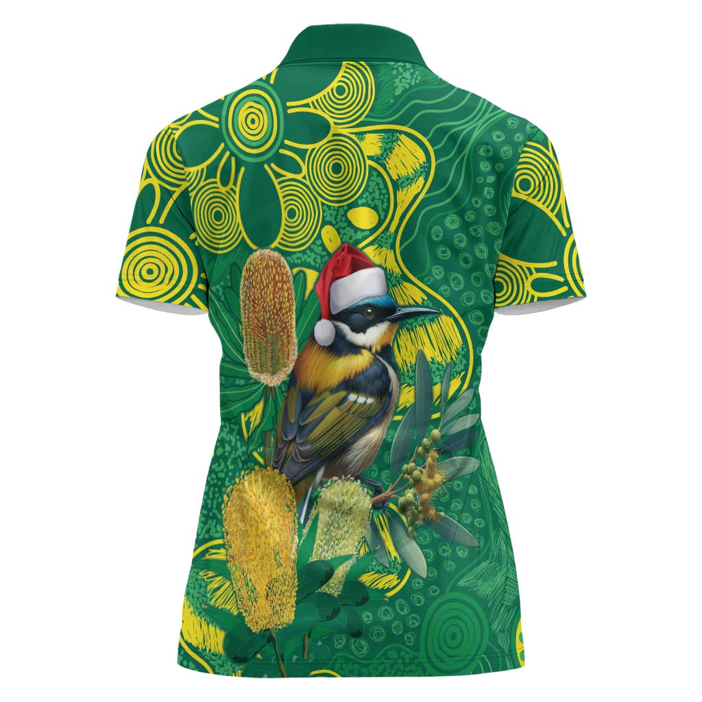Aussie Honeyeaters Banksia Christmas Women Polo Shirt Aboriginal Dots Painting Green Motif - Aussie Hoodie