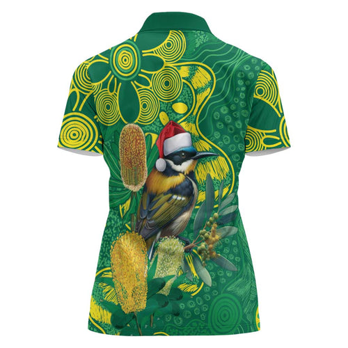 Aussie Honeyeaters Banksia Christmas Women Polo Shirt Aboriginal Dots Painting Green Motif - Aussie Hoodie