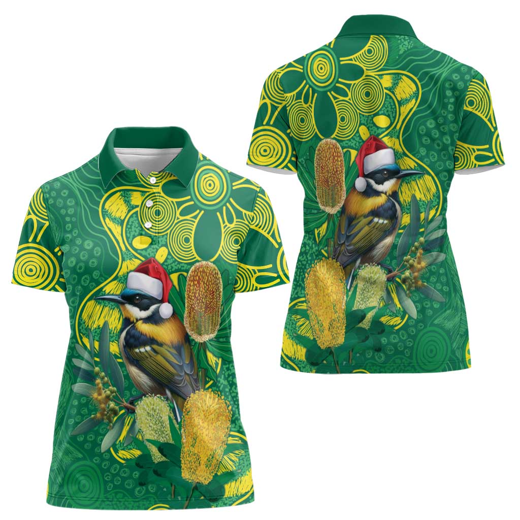 Aussie Honeyeaters Banksia Christmas Women Polo Shirt Aboriginal Dots Painting Green Motif - Aussie Hoodie