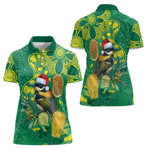 Aussie Honeyeaters Banksia Christmas Women Polo Shirt Aboriginal Dots Painting Green Motif - Aussie Hoodie