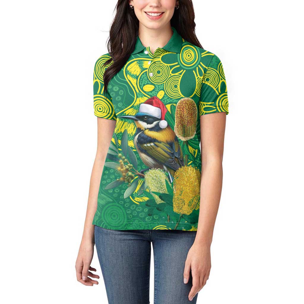 Aussie Honeyeaters Banksia Christmas Women Polo Shirt Aboriginal Dots Painting Green Motif - Aussie Hoodie
