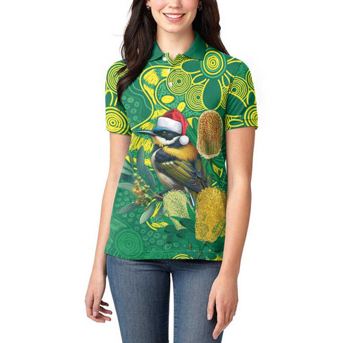 Aussie Honeyeaters Banksia Christmas Women Polo Shirt Aboriginal Dots Painting Green Motif - Aussie Hoodie