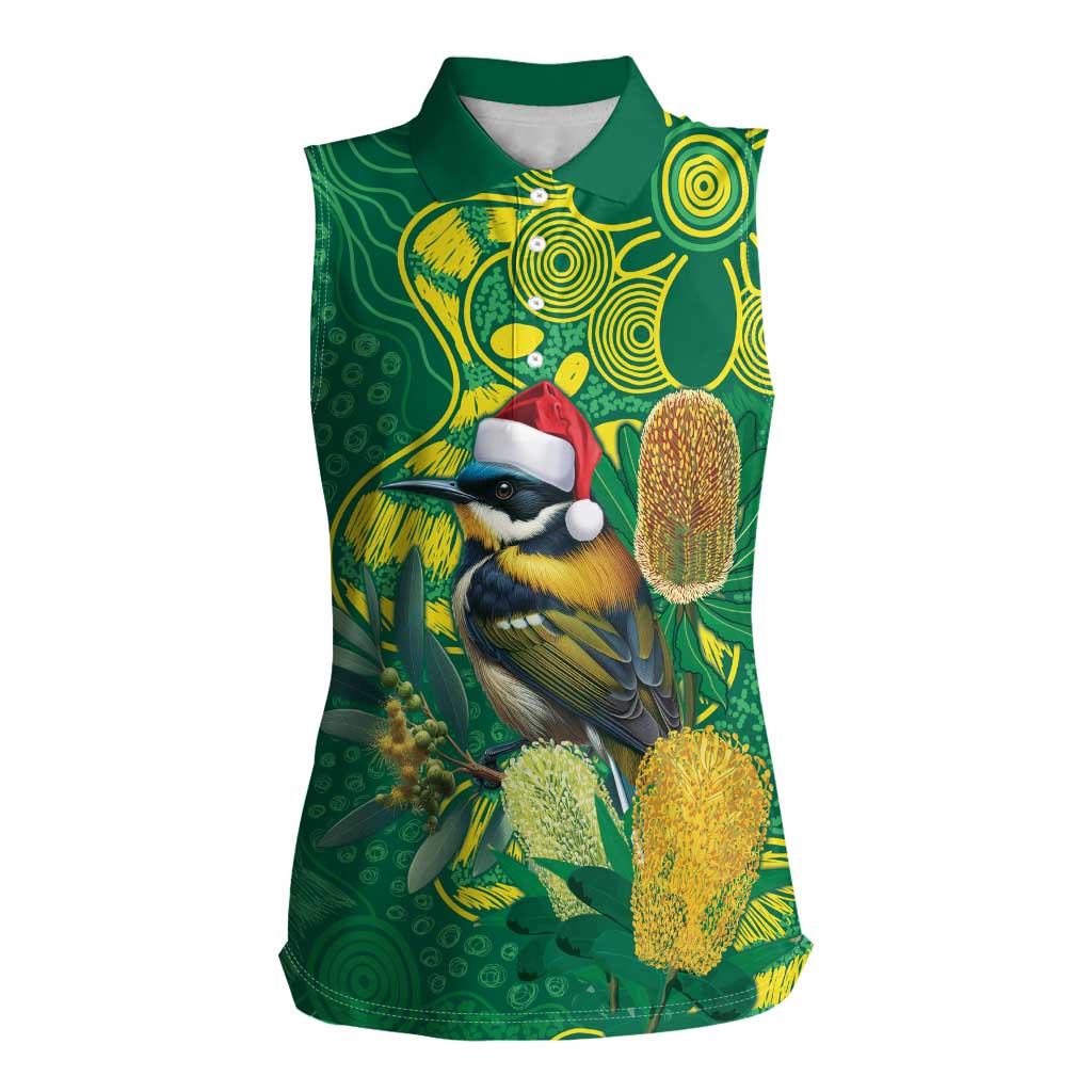 Aussie Honeyeaters Banksia Christmas Women Sleeveless Polo Shirt Aboriginal Dots Painting Green Motif - Aussie Hoodie