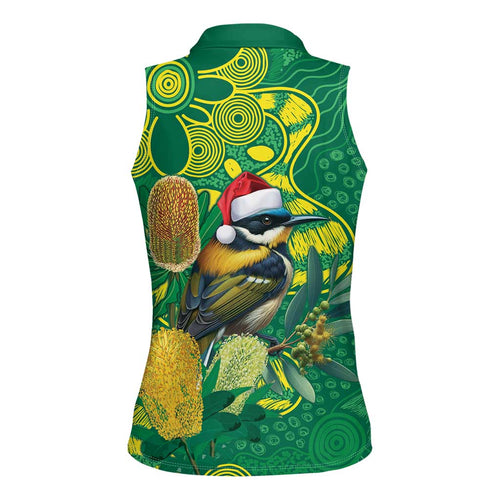 Aussie Honeyeaters Banksia Christmas Women Sleeveless Polo Shirt Aboriginal Dots Painting Green Motif - Aussie Hoodie