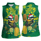 Aussie Honeyeaters Banksia Christmas Women Sleeveless Polo Shirt Aboriginal Dots Painting Green Motif - Aussie Hoodie