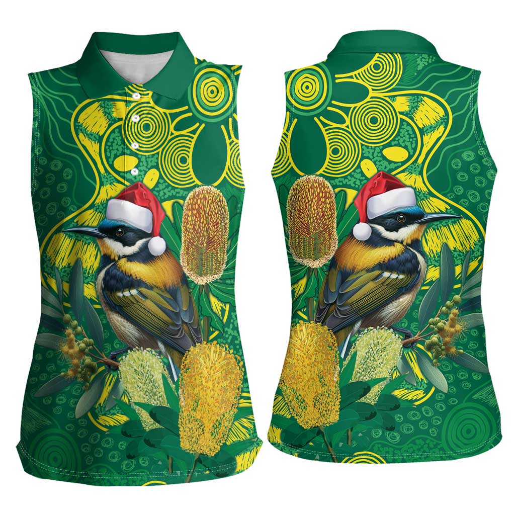 Aussie Honeyeaters Banksia Christmas Women Sleeveless Polo Shirt Aboriginal Dots Painting Green Motif - Aussie Hoodie
