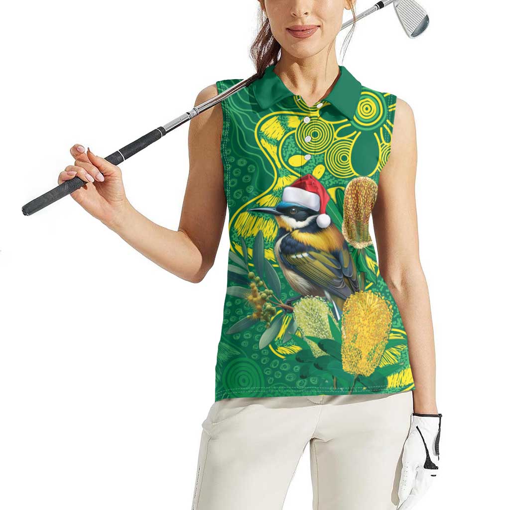 Aussie Honeyeaters Banksia Christmas Women Sleeveless Polo Shirt Aboriginal Dots Painting Green Motif - Aussie Hoodie