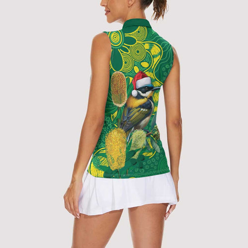 Aussie Honeyeaters Banksia Christmas Women Sleeveless Polo Shirt Aboriginal Dots Painting Green Motif - Aussie Hoodie