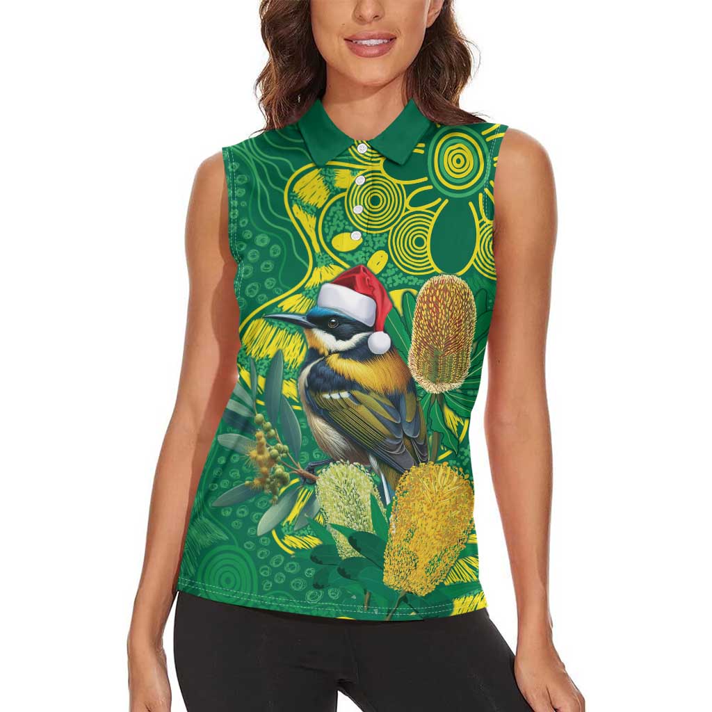 Aussie Honeyeaters Banksia Christmas Women Sleeveless Polo Shirt Aboriginal Dots Painting Green Motif - Aussie Hoodie