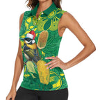Aussie Honeyeaters Banksia Christmas Women Sleeveless Polo Shirt Aboriginal Dots Painting Green Motif - Aussie Hoodie