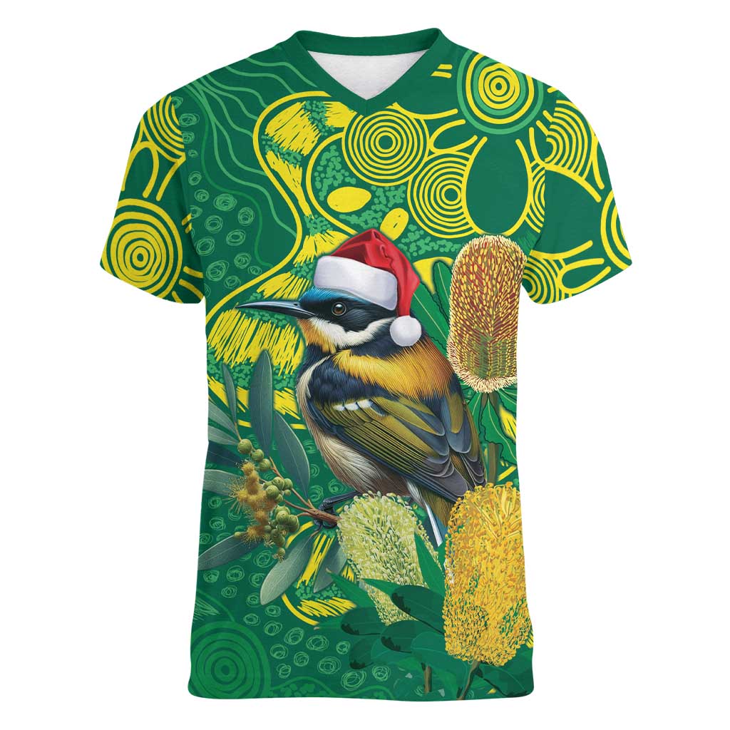 Aussie Honeyeaters Banksia Christmas Women V-Neck T-Shirt Aboriginal Dots Painting Green Motif - Aussie Hoodie