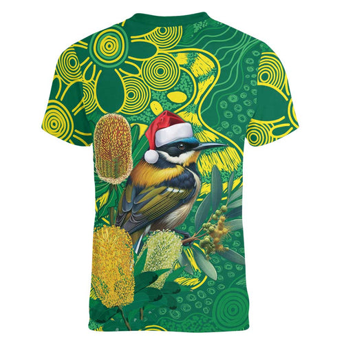 Aussie Honeyeaters Banksia Christmas Women V-Neck T-Shirt Aboriginal Dots Painting Green Motif - Aussie Hoodie