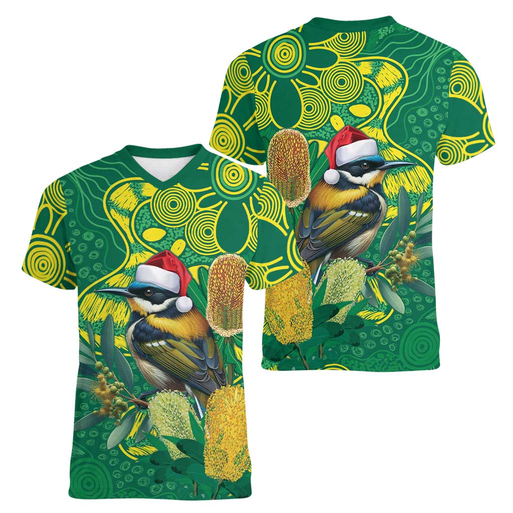 Aussie Honeyeaters Banksia Christmas Women V-Neck T-Shirt Aboriginal Dots Painting Green Motif - Aussie Hoodie