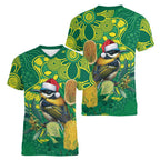 Aussie Honeyeaters Banksia Christmas Women V-Neck T-Shirt Aboriginal Dots Painting Green Motif - Aussie Hoodie