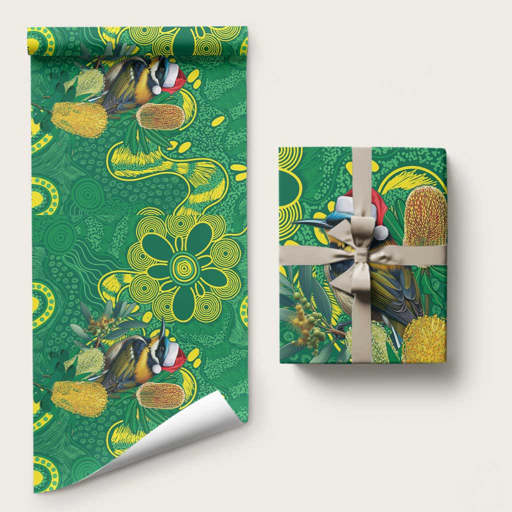 Aussie Honeyeaters Banksia Christmas Wrapping Paper Aboriginal Dots Painting Green Motif - Aussie Hoodie