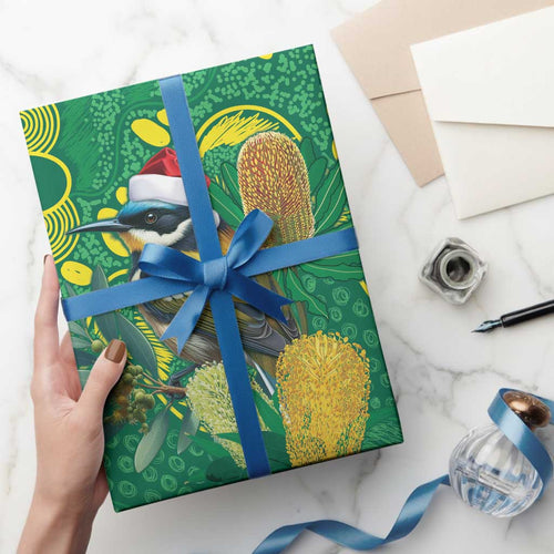 Aussie Honeyeaters Banksia Christmas Wrapping Paper Aboriginal Dots Painting Green Motif - Aussie Hoodie