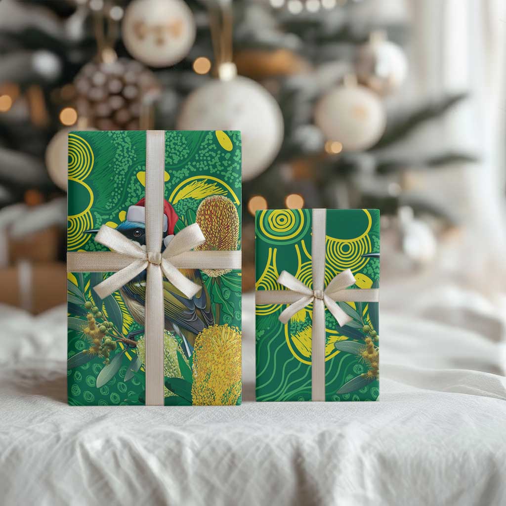 Aussie Honeyeaters Banksia Christmas Wrapping Paper Aboriginal Dots Painting Green Motif - Aussie Hoodie