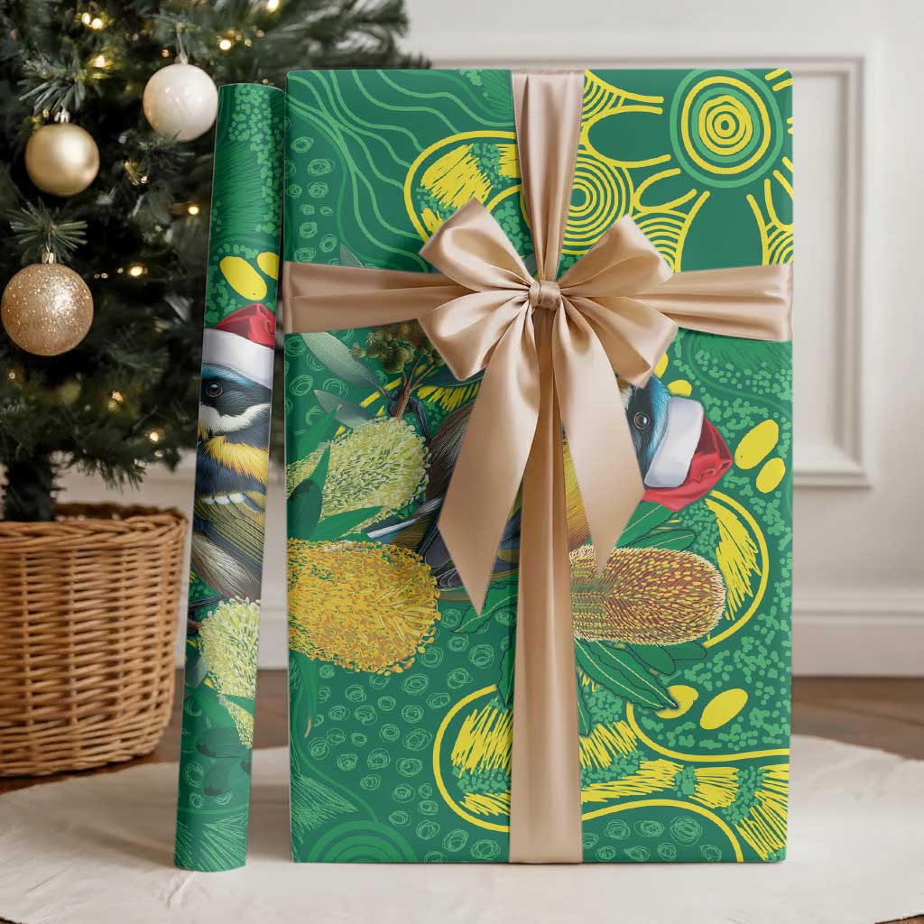 Aussie Honeyeaters Banksia Christmas Wrapping Paper Aboriginal Dots Painting Green Motif - Aussie Hoodie
