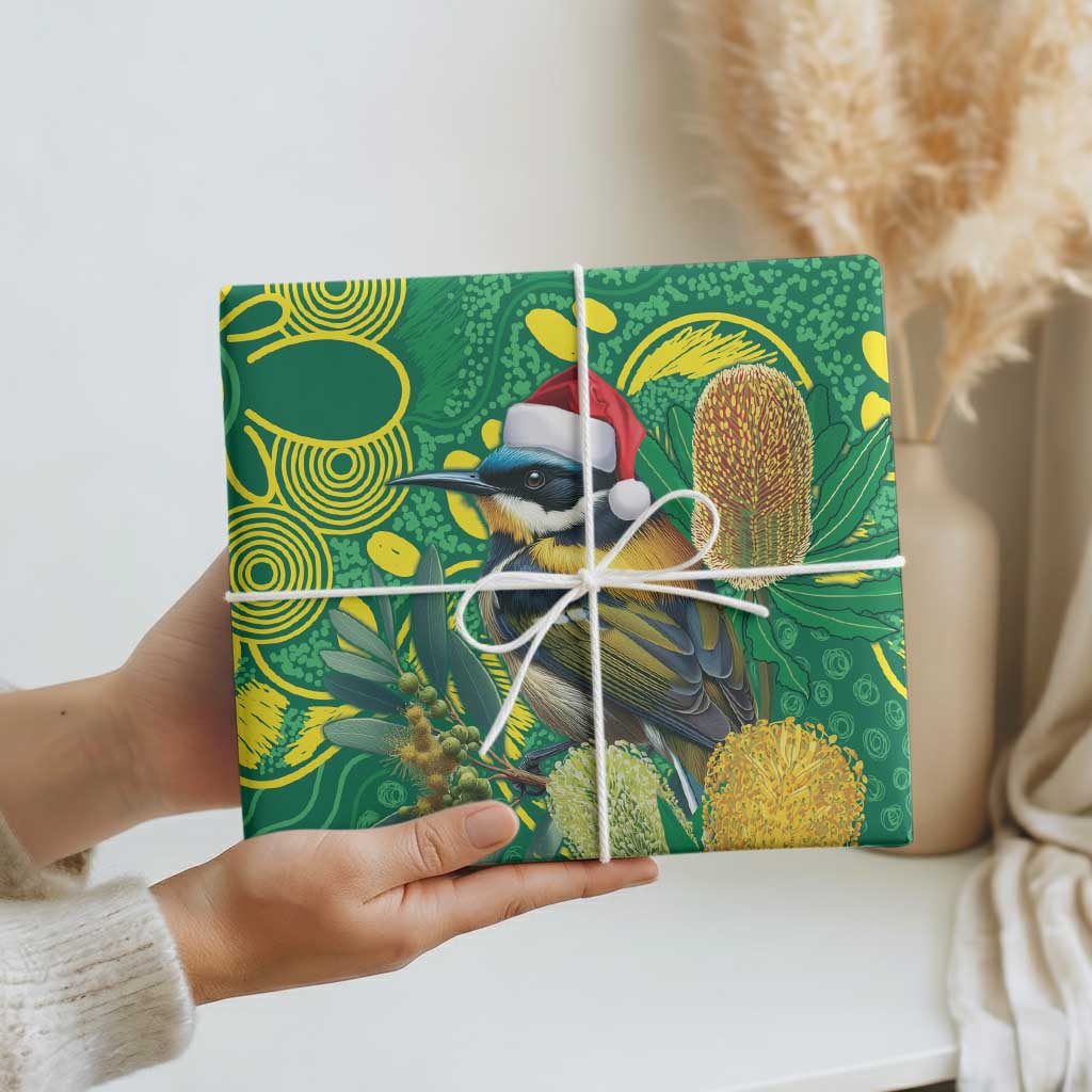 Aussie Honeyeaters Banksia Christmas Wrapping Paper Aboriginal Dots Painting Green Motif - Aussie Hoodie