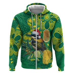 Aussie Honeyeaters Banksia Christmas Zip Hoodie Aboriginal Dots Painting Green Motif - Aussie Hoodie