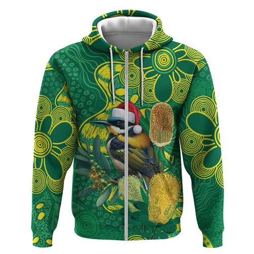 Aussie Honeyeaters Banksia Christmas Zip Hoodie Aboriginal Dots Painting Green Motif - Aussie Hoodie