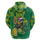 Aussie Honeyeaters Banksia Christmas Zip Hoodie Aboriginal Dots Painting Green Motif - Aussie Hoodie