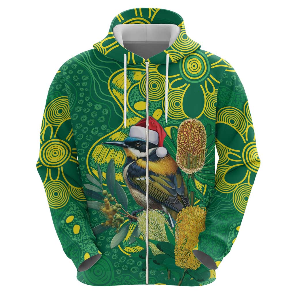 Aussie Honeyeaters Banksia Christmas Zip Hoodie Aboriginal Dots Painting Green Motif - Aussie Hoodie