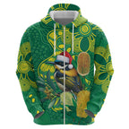 Aussie Honeyeaters Banksia Christmas Zip Hoodie Aboriginal Dots Painting Green Motif - Aussie Hoodie