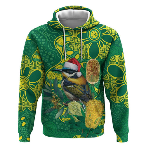 Aussie Honeyeaters Banksia Christmas Zip Hoodie Aboriginal Dots Painting Green Motif - Aussie Hoodie