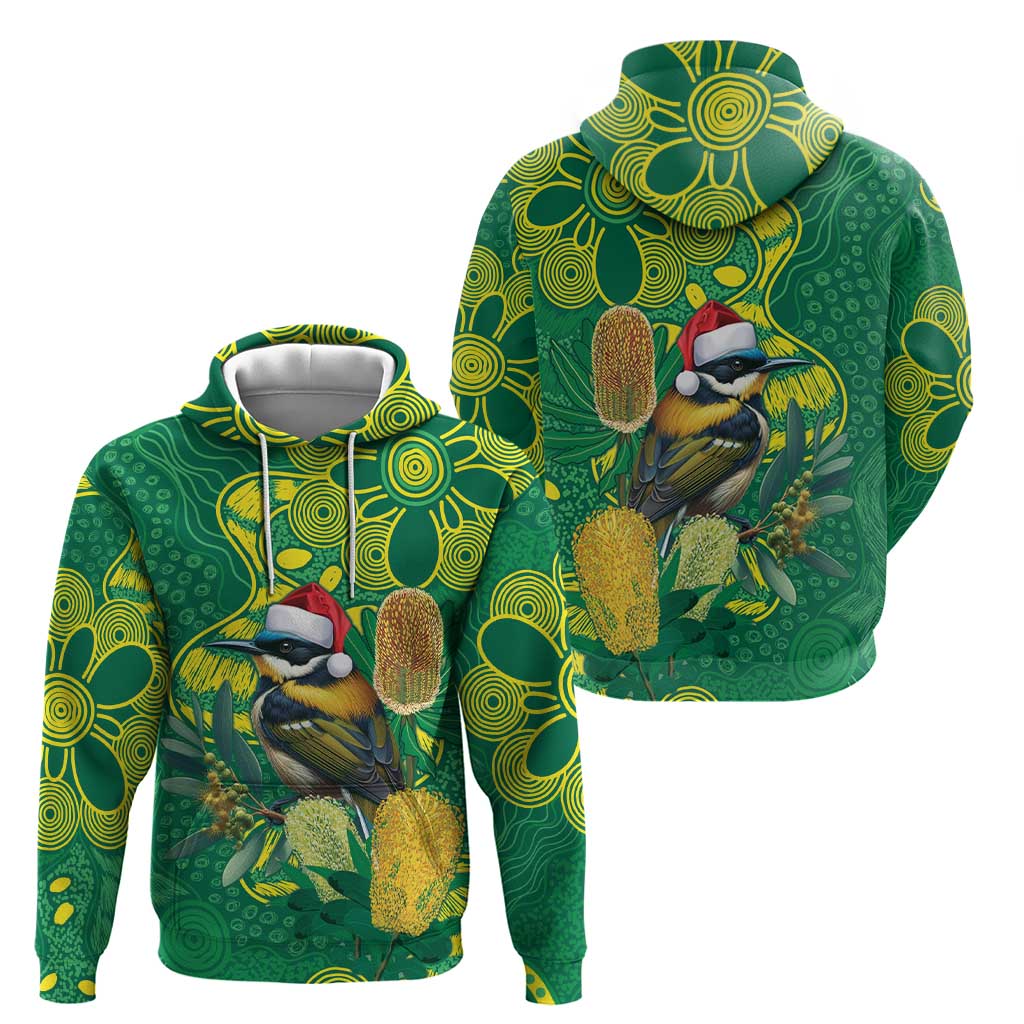 Aussie Honeyeaters Banksia Christmas Zip Hoodie Aboriginal Dots Painting Green Motif - Aussie Hoodie