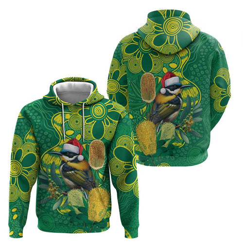 Aussie Honeyeaters Banksia Christmas Zip Hoodie Aboriginal Dots Painting Green Motif - Aussie Hoodie