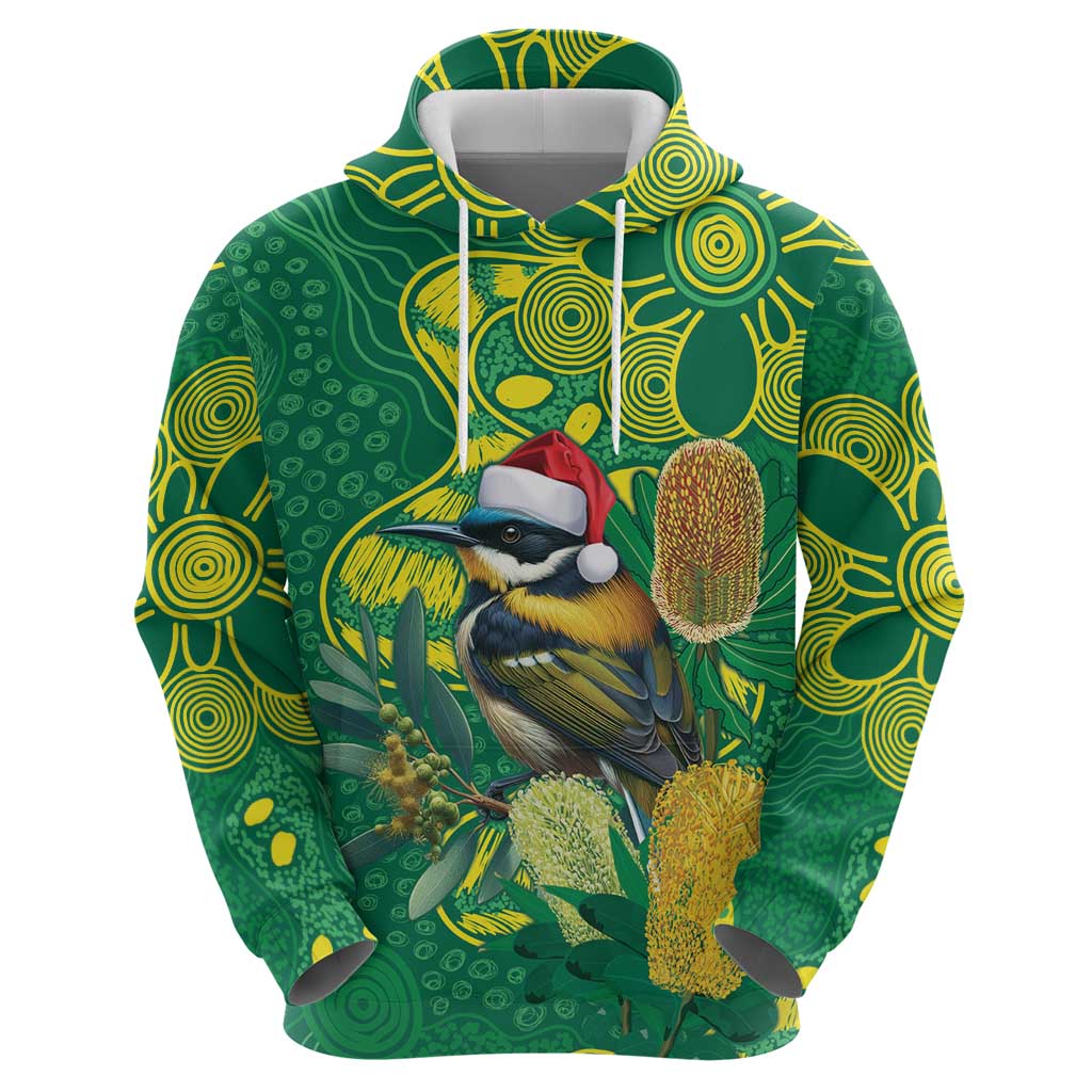 Aussie Honeyeaters Banksia Christmas Zip Hoodie Aboriginal Dots Painting Green Motif - Aussie Hoodie