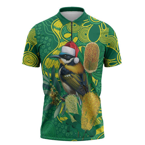 Aussie Honeyeaters Banksia Christmas Zipper Polo Shirt Aboriginal Dots Painting Green Motif - Aussie Hoodie