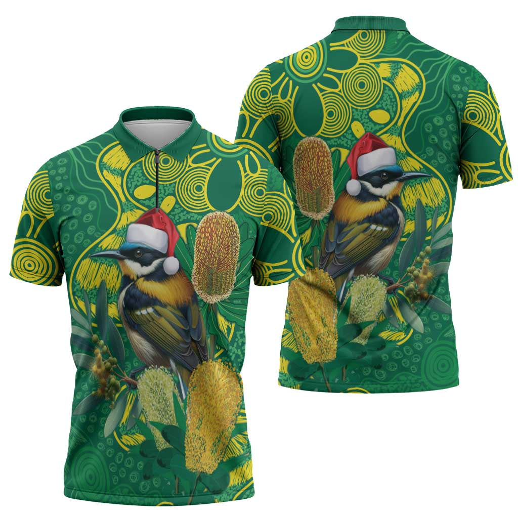 Aussie Honeyeaters Banksia Christmas Zipper Polo Shirt Aboriginal Dots Painting Green Motif - Aussie Hoodie